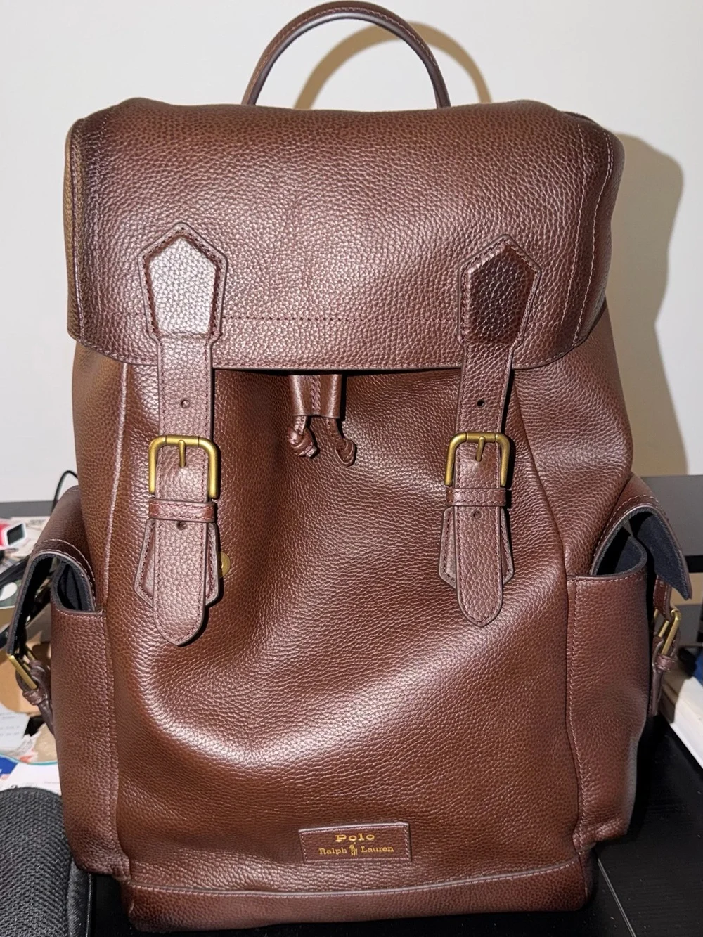 Ralph Lauren Dark Brown Leather Backpack with Gold Buckles- Brand New